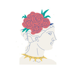 Bust of a decorative ancient Greek goddess of a woman. Antique sculpture with a bouquet of rose flowers on its head and a studded collar.