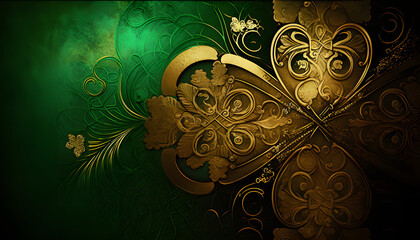 Obraz na płótnie Canvas St. Patrick's Day abstract green background decorated with shamrock leaves. Patrick Day pub party celebrating. Abstract Border art design magic backdrop.