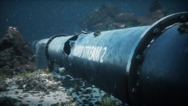 3D render illustration of the explosion of the Nord Stream 2 gas pipeline under the water of the Baltic Sea. Damaged pipe.