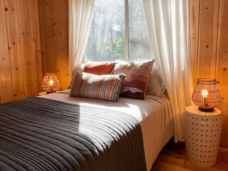 cozy bedroom in a wood cabin