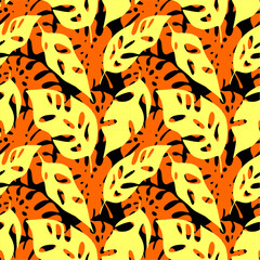 seamless red-yellow pattern from the contours of tropical leaves on a black background, texture, design
