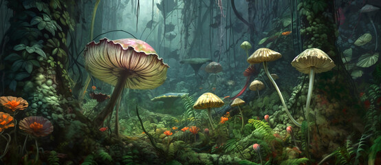 Obraz na płótnie Canvas Fantasy forest or jungle with giant mushrooms scene generative AI 