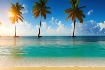 Summer panoramic landscape, nature of tropical beach with wooden platform, sunlight. Golden sand beach, palm trees, sea water against blue sky with white clouds. Copy space, summer vacation concept