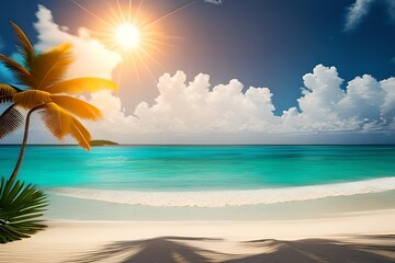 Fototapeta na wymiar Summer panoramic landscape, nature of tropical beach with wooden platform, sunlight. Golden sand beach, palm trees, sea water against blue sky with white clouds. Copy space, summer vacation concept