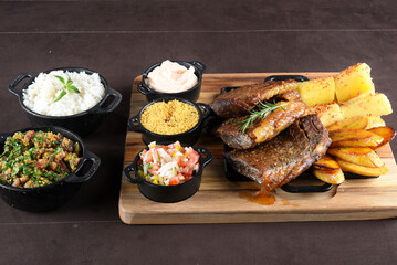 Gourmet Grill Restaurant Steak Menu - New York Beef Steak BBQ on Wooden Background. Black Angus Prime Steak. Roast Beef Steak Dinner