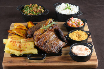 Gourmet Grill Restaurant Steak Menu - New York Beef Steak BBQ on Wooden Background. Black Angus...