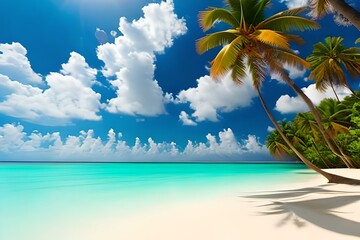 Obraz na płótnie Canvas Summer panoramic landscape, nature of tropical beach with wooden platform, sunlight. Golden sand beach, palm trees, sea water against blue sky with white clouds. Copy space, summer vacation concept