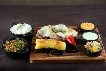 Gourmet Grill Restaurant Steak Menu - New York Beef Steak BBQ on Wooden Background. Black Angus Prime Steak. Roast Beef Steak Dinner