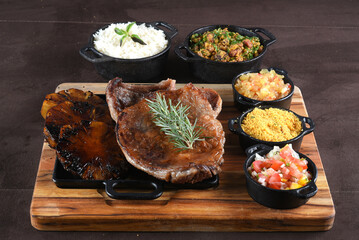 Gourmet Grill Restaurant Steak Menu - New York Beef Steak BBQ on Wooden Background. Black Angus Prime Steak. Roast Beef Steak Dinner