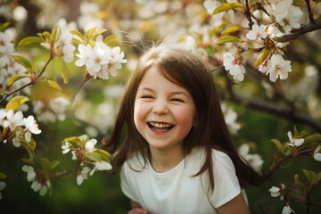 The joy of spring time, girl among blossom trees generative AI	