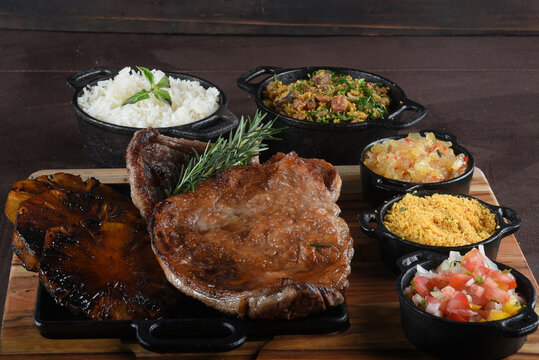 Gourmet Grill Restaurant Steak Menu - New York Beef Steak BBQ on Wooden Background. Black Angus Prime Steak. Roast Beef Steak Dinner