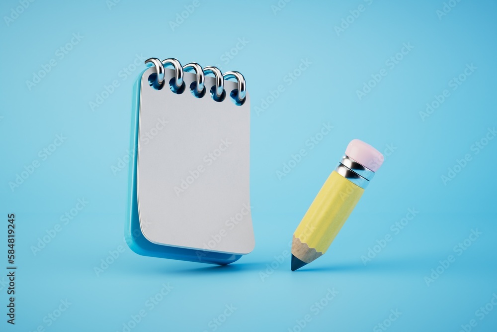 Poster notes in a personal notebook. a notebook on a spiral and a pencil on a turquoise background. 3d rend