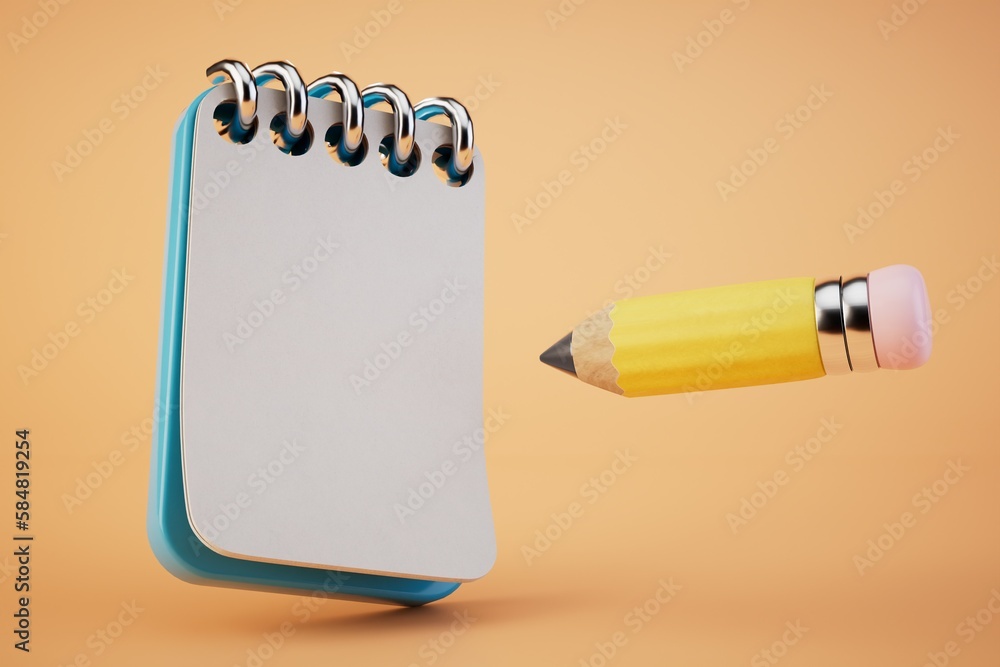 Poster notes in a personal notebook. a notebook on a spiral and a pencil on a pastel background. 3d render