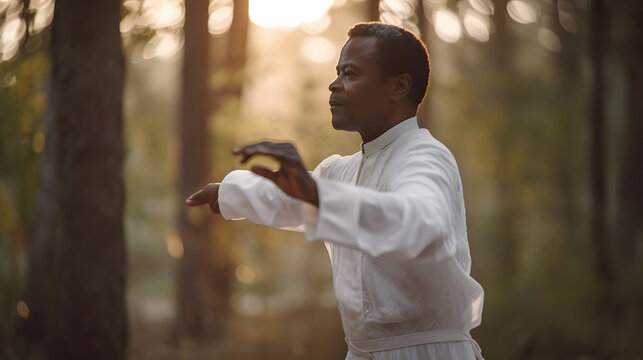 African american man performing taichi in the forest