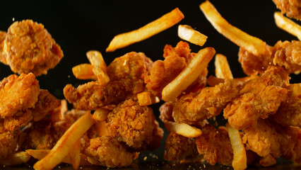 Freeze Motion Shot of Flying Fresh Fried Chicken Wings or Strips with French Fries, Close-up
