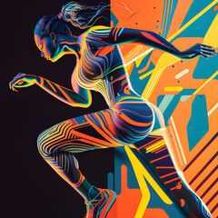 Obraz premium Active running woman vector illustration. A woman is running with a colorful pattern on her body and head and body.