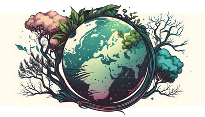 planet earth illustration. Symbol of life, nature, fund, ecology, international events. Hand drawn on background, isolated clip art element for design.