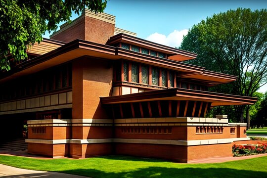 Brick Building With Paths And Lawn Prairie Style House Exterior, Created With Generative Ai