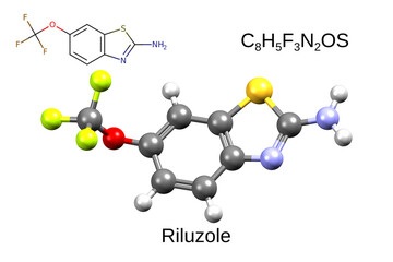 Chemical formula, skeletal formula and 3D ball-and-stick model of a glutamate antagonist, riluzole