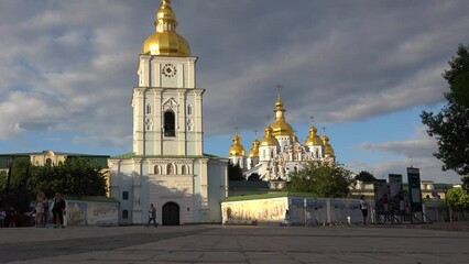 2022 - beautiful establishing shot of St. Michael's gold domed monastery in downtown central Kyiv Kiev Ukraine.