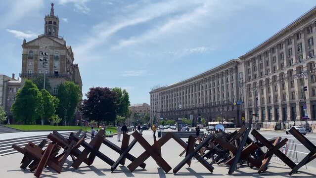 2022 - steel hedgehogs metal barricades are placed on the sidewalks of Khreshchatyk at the Maidan in central Kyiv Kiev Ukraine to dissuade Russian tank invasion.