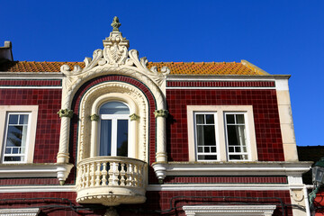 Typical tiled facade in Alcochete town in Portugal