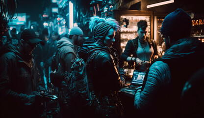 Fototapeta na wymiar A dark and gritty underground cyberpunk nightclub with pulsing music and flashing lights.