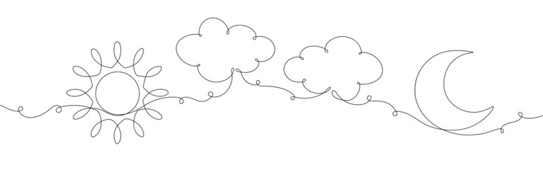 Continuous line sun cloud art. Single line sketch sunny summer travel concept.