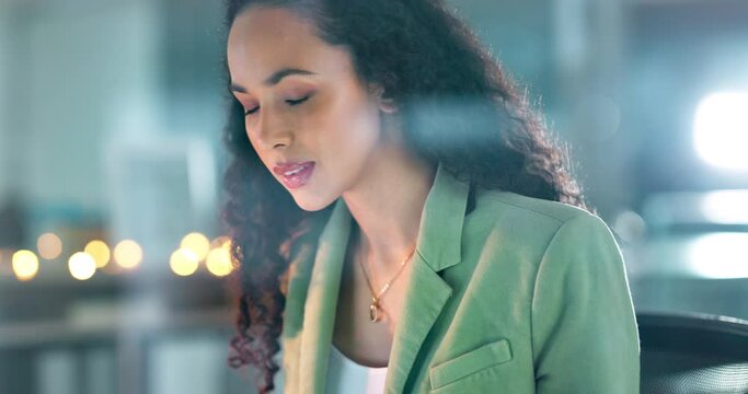 Night working, black woman and typing of a corporate employee at reading online data. Business, professional worker and finance analyst in dark looking at financial strategy and web research