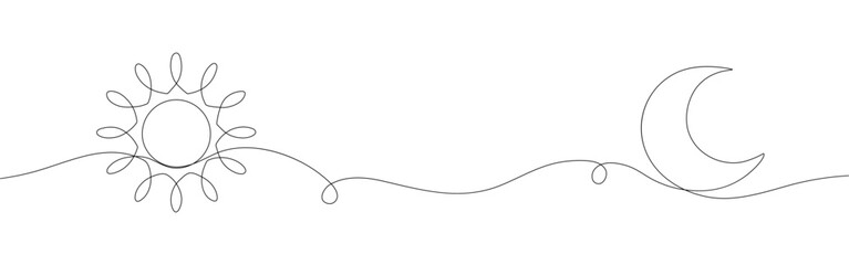 Continuous line sun and moon art. Single line sketch sunny summer travel concept, minimalist design for print, poster.