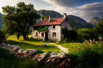 Typical Croatia old farmhouse with a beautiful landscape in the background. View on the facade. Illustration