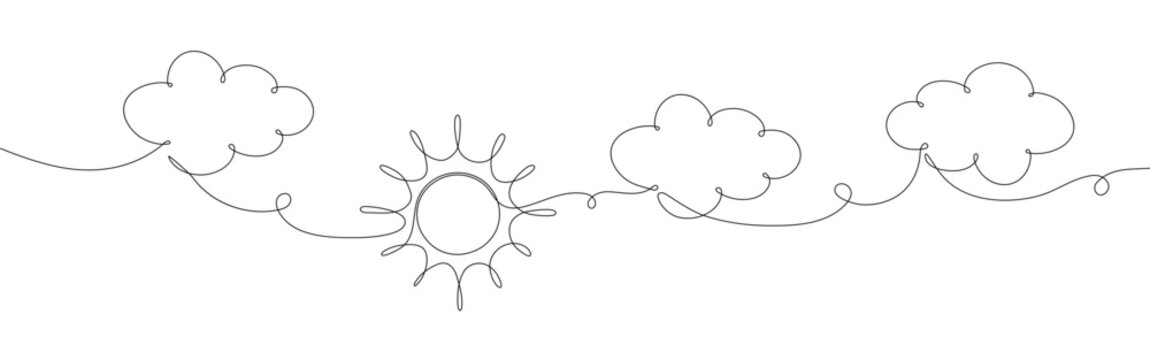 Continuous line sun cloud art. Single line sketch sunny summer travel concept.