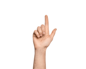 Man's hand shows index finger up, presses something