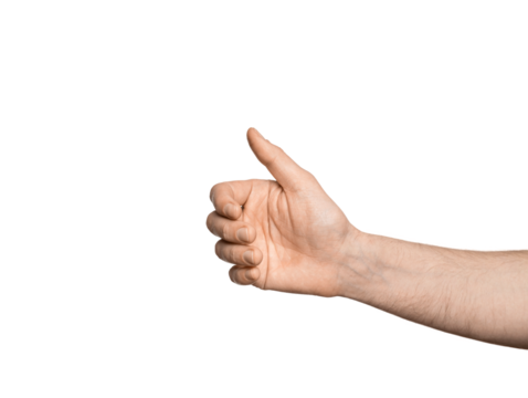 Man's hand holding something. Hand is reaching out for catch or take and grab something.