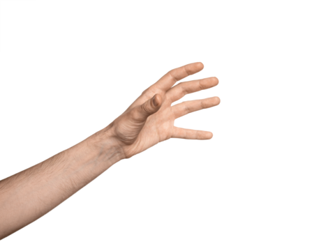 Man's hand holding something. Hand is reaching out for catch or take and grab something.