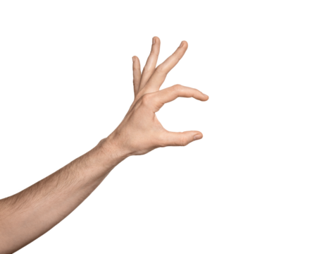 Man's hand holding something between index and thumbs