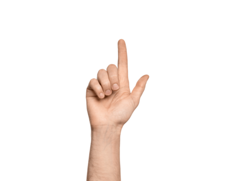 Man's hand shows index finger up, presses something