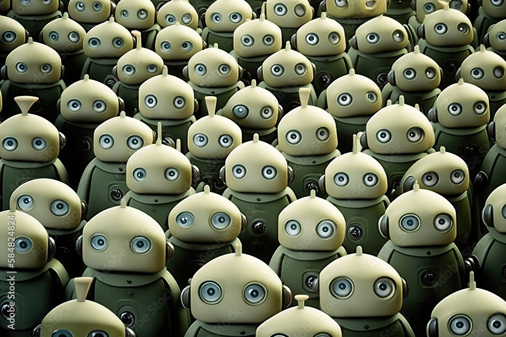 Poster robot crowd in rows. robot army. created with generative ai