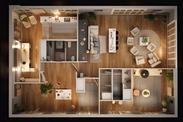 Apartment visualization, design project. Architectural plan for renovation. Living room interior, top view. Created with Generative AI - obrazy, fototapety, plakaty