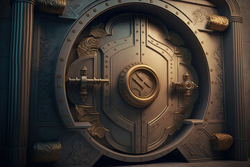 Obraz premium Decorated bank safe door. Bank vault for saving money and precious metals. Created with Generative AI