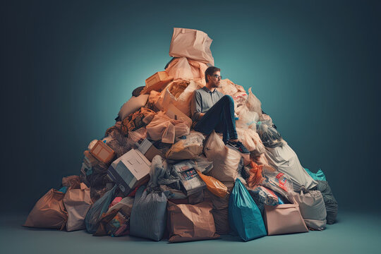 Man sits on top of pile of garbage bags. Concept of overconsumption and pollution of environment by human waste. Created with Generative AI