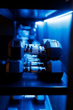 Storage. Gym dumbbells. Shelves. Workout equipment. Fitness