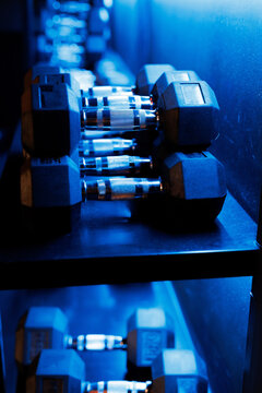 Heavy equipment. Stand. Metal dumbbells. Gym interior. Illumination