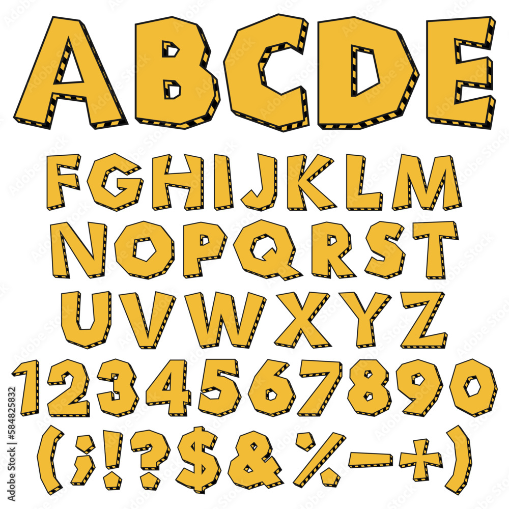Poster colored chopped alphabet, numbers and signs with warning markings. isolated vector objects on white 