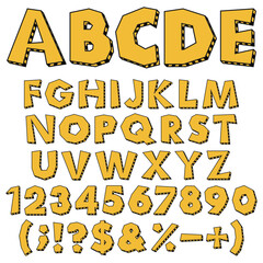 Colored chopped alphabet, numbers and signs with warning markings. Isolated vector objects on white background.