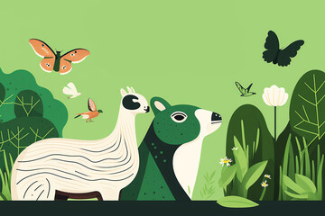 Banner template for earth day in shades of green and animals. Generative AI.