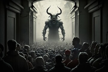 devil, looking into a room with thousands of people, each one suffering in unique and painful way, created with generative ai