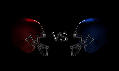 Red VS Blue Metallic 3D Rendered Football Helmet with Dramatic Lighting Over Black Background and...