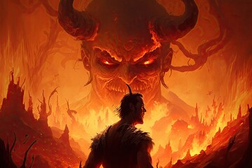 devil, looking over fiery hellscape, with tortured souls writhing in agony, created with generative ai