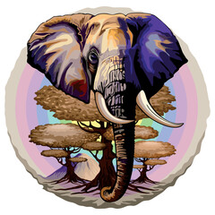 African Elephant, Acacias and Kilimanjaro Mountain on Soft Pastel Rainbow Round Background Vector Illustration 